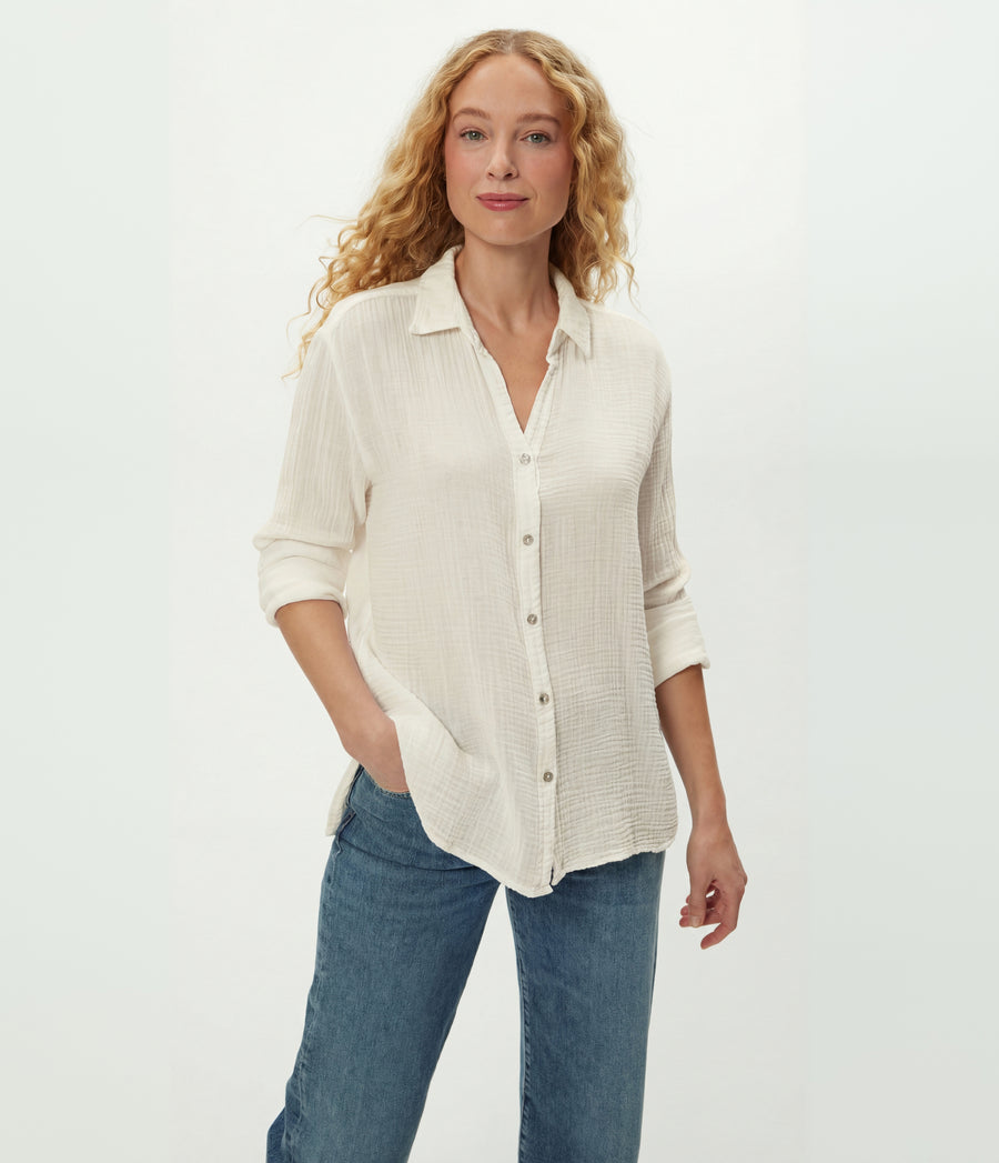 Leo Gauze Button Down Shirt in Chalk White Close Up View #CHALK