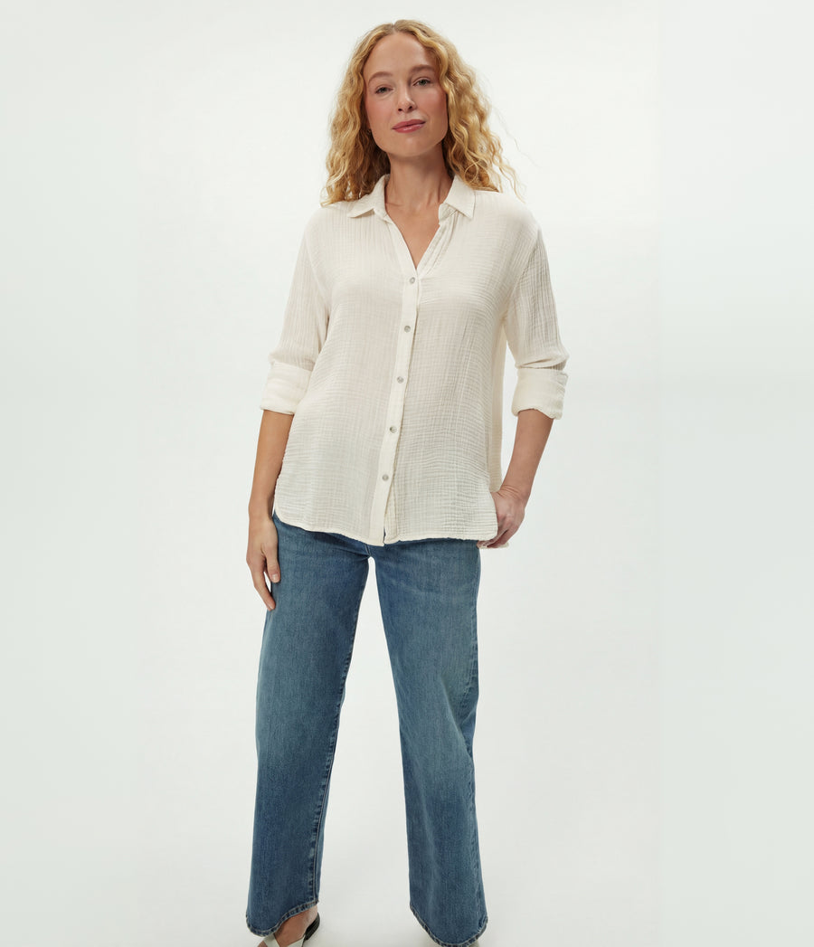 Leo Gauze Button Down Shirt in Chalk White Full Body View #CHALK