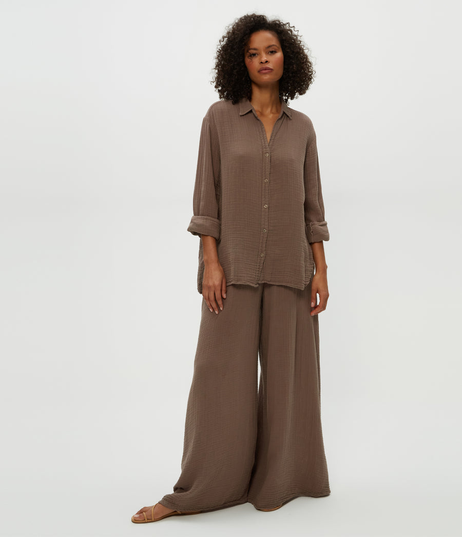 Leo Gauze Button Down Shirt in Cobblestone  Full Body View #COBBLESTONE