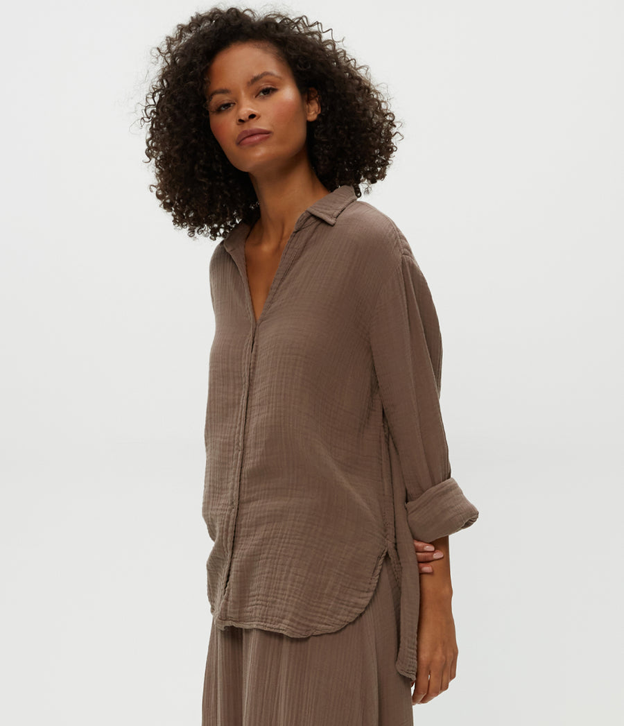 Leo Gauze Button Down Shirt in Cobblestone  Side View #COBBLESTONE