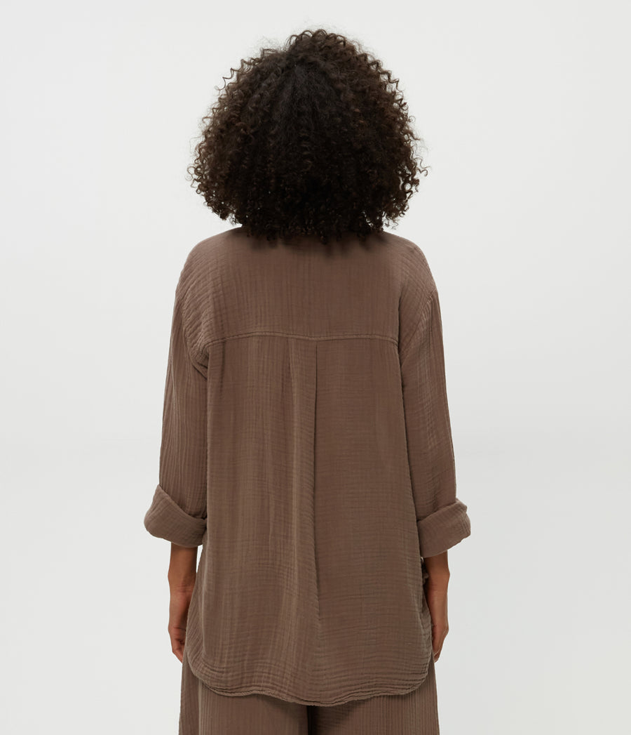 Leo Gauze Button Down Shirt in Cobblestone  Back View #COBBLESTONE