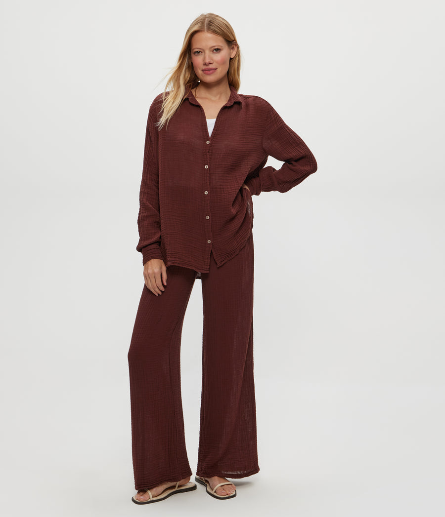 Leo Gauze Button Down Shirt in ESPRESSO Brown Full Body View #ESPRESSO