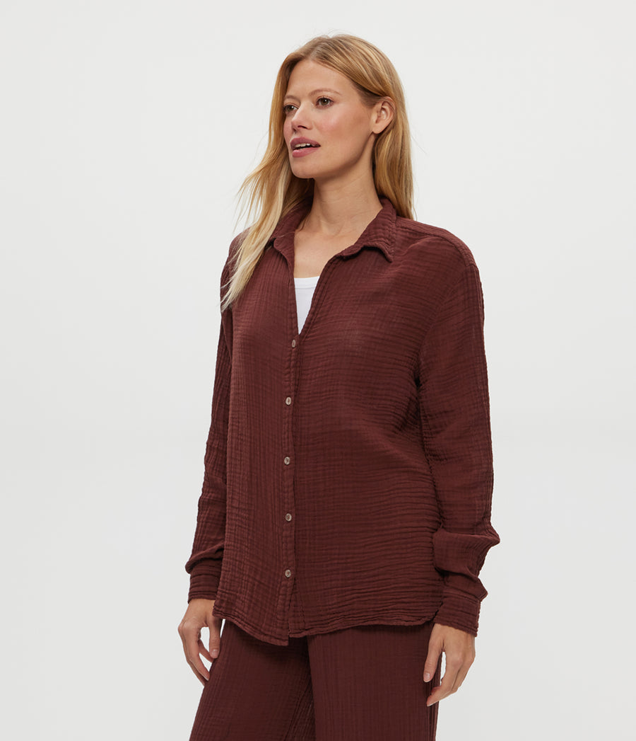 Leo Gauze Button Down Shirt in ESPRESSO Brown Side View #ESPRESSO