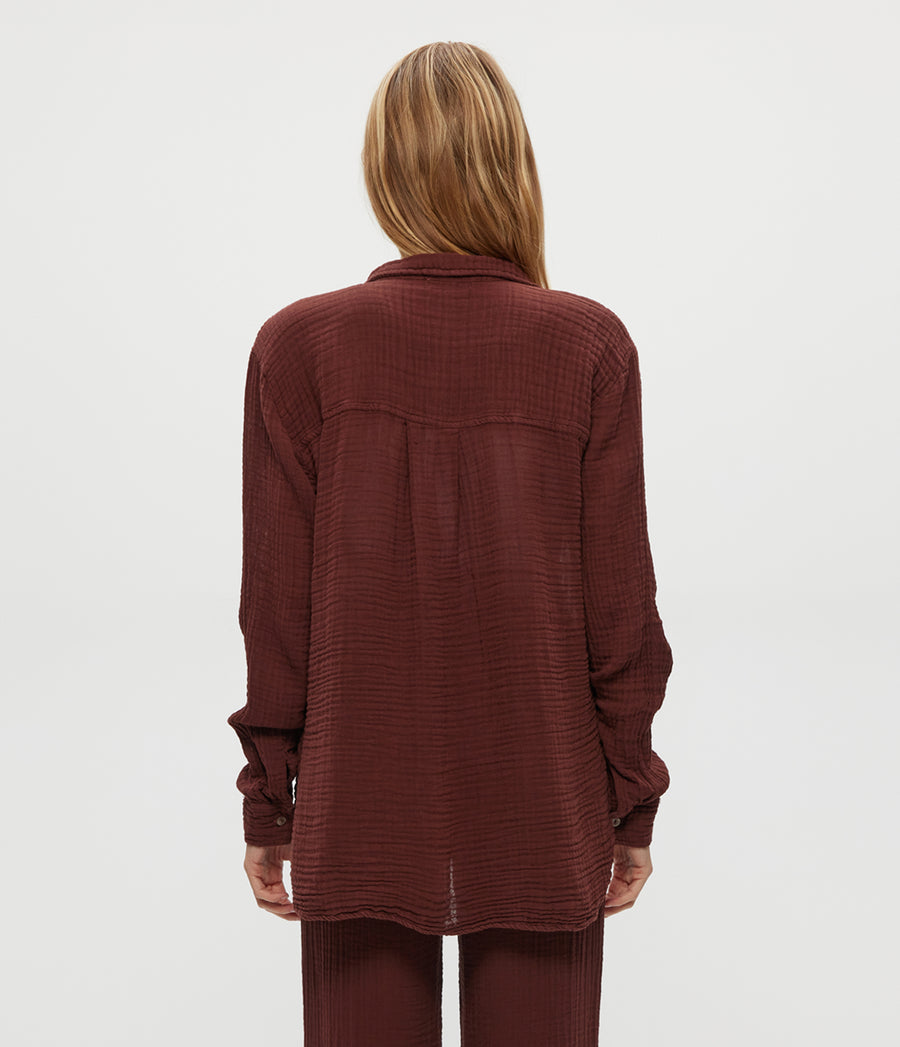Leo Gauze Button Down Shirt in ESPRESSO Brown Back View #ESPRESSO