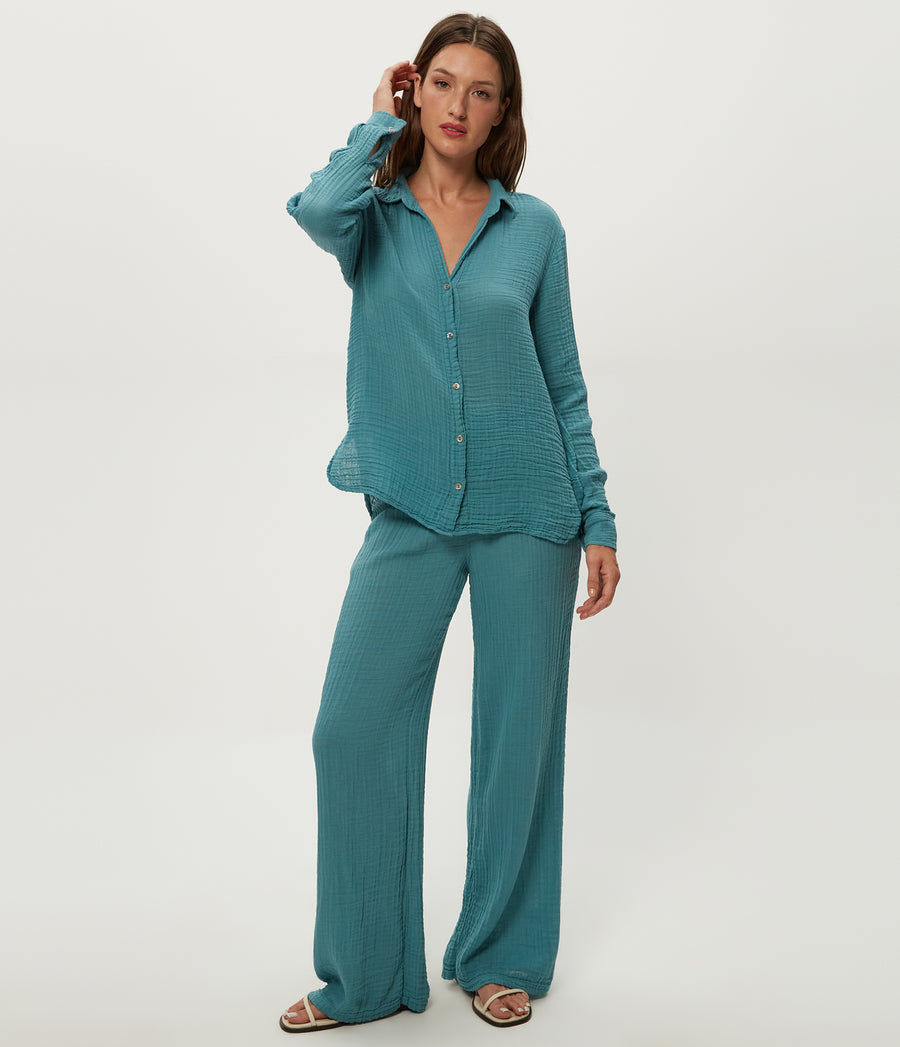 Leo Gauze Button Down Shirt in GLAZE Blue Full Body View #GLAZE