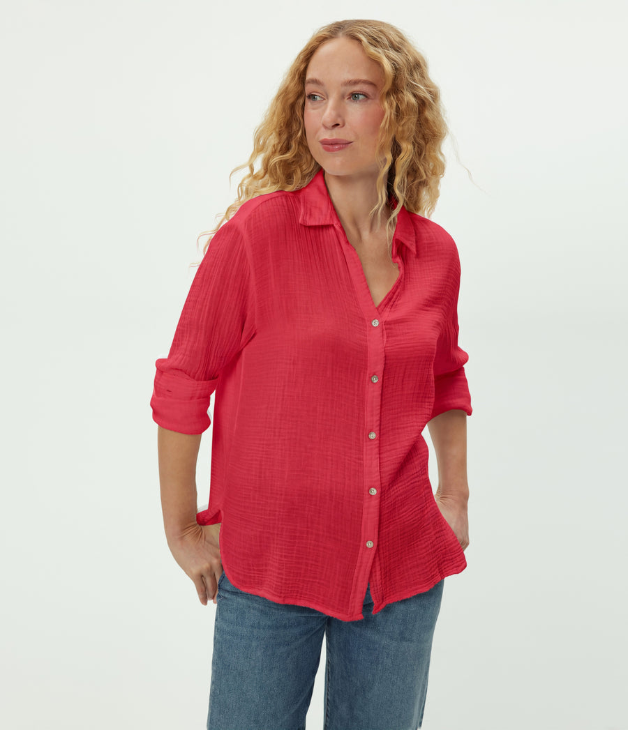 Leo Gauze Button Down Shirt in LACQUER RED Close up View #LACQUER