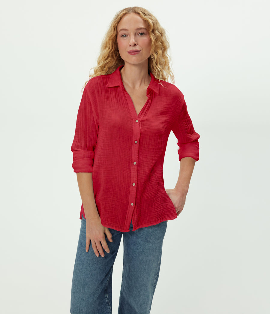 Leo Gauze Button Down Shirt in LACQUER RED Close up View #LACQUER