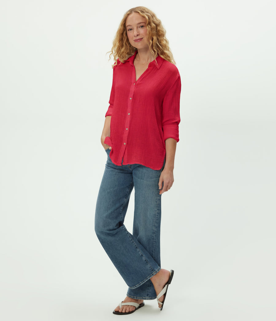 Leo Gauze Button Down Shirt in LACQUER RED Side View #LACQUER