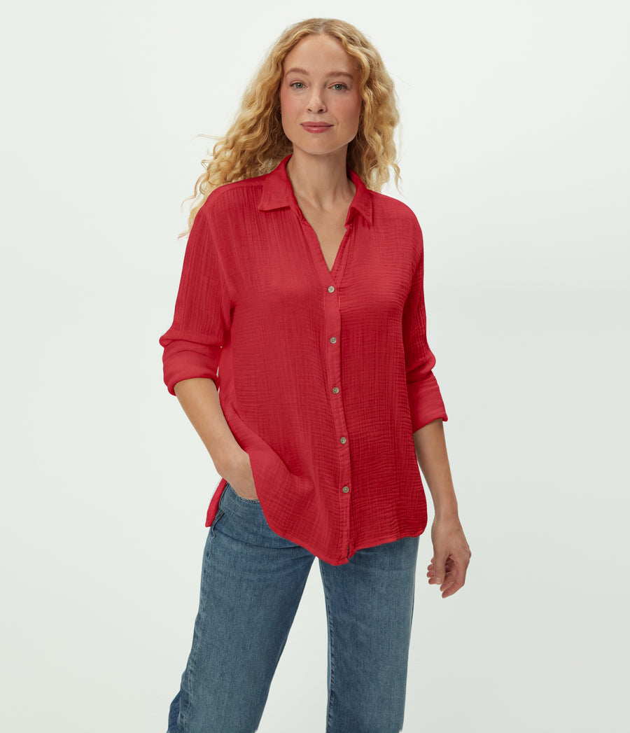 Leo Gauze Button Down Shirt in LACQUER RED Close up View #LACQUER