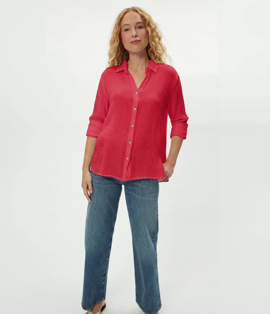 Leo Gauze Button Down Shirt in LACQUER RED Close up View #LACQUER