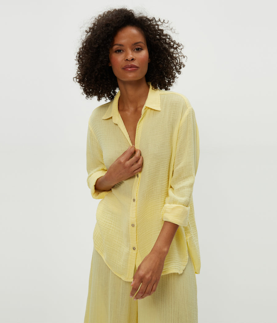 Leo Gauze Button Down Shirt in Lemonade Yellow Close Up View #LEMONADE