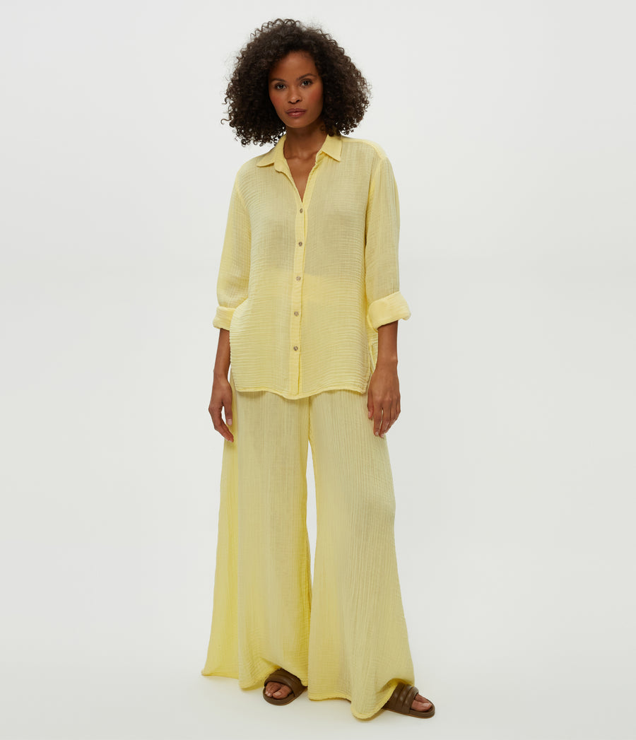 Leo Gauze Button Down Shirt in Lemonade Yellow Full Body View #LEMONADE