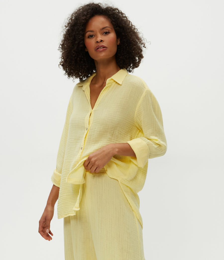 Leo Gauze Button Down Shirt in Lemonade Yellow Side View #LEMONADE