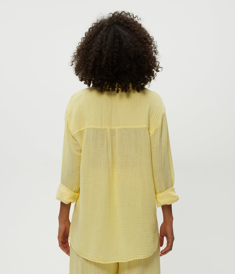 Leo Gauze Button Down Shirt in Lemonade Yellow Back View #LEMONADE