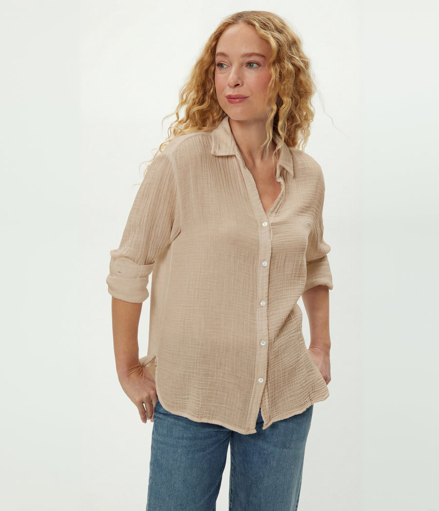 Leo Gauze Button Down Shirt in  MACADAMIA Beige Close up View #MACADAMIA