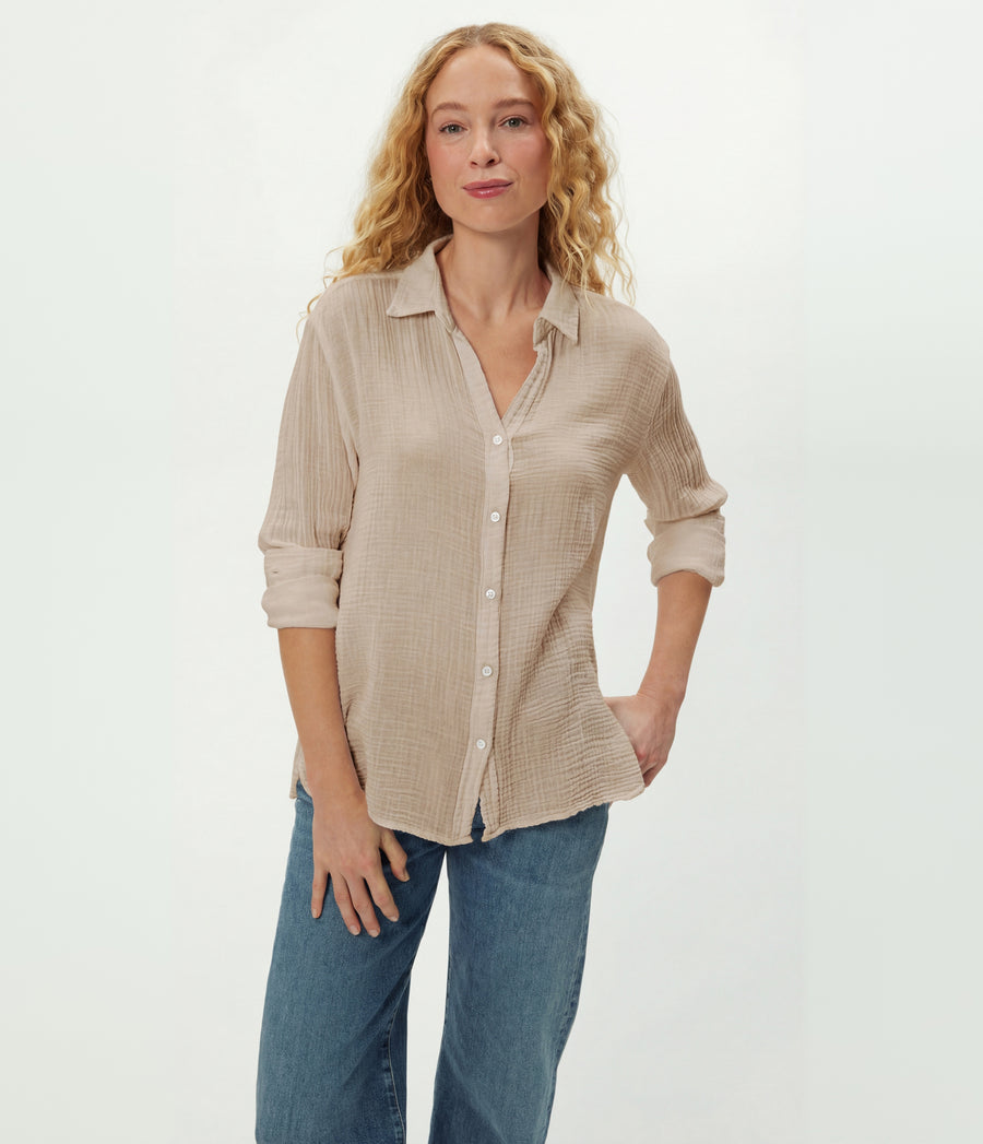Leo Gauze Button Down Shirt in  MACADAMIA Beige Close up View #MACADAMIA