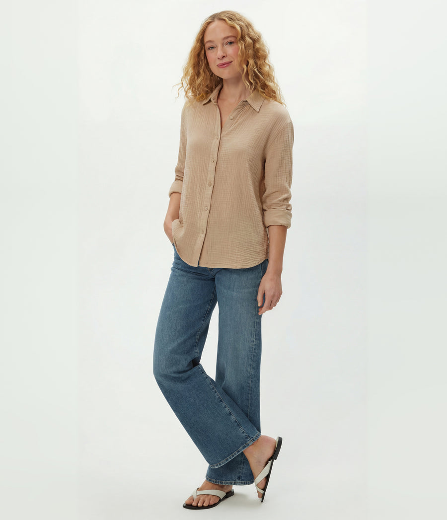Leo Gauze Button Down Shirt in  MACADAMIA Beige Side View #MACADAMIA