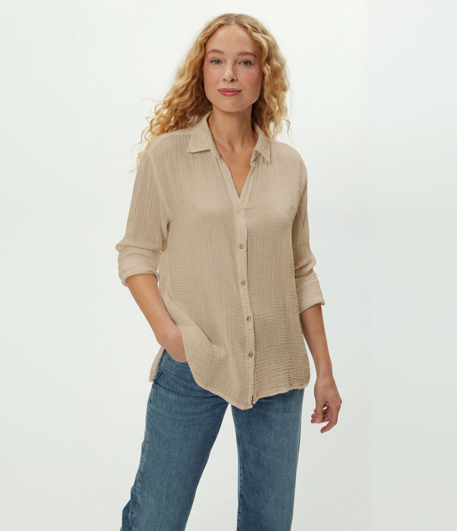 Leo Gauze Button Down Shirt in  MACADAMIA Beige Close up View #MACADAMIA