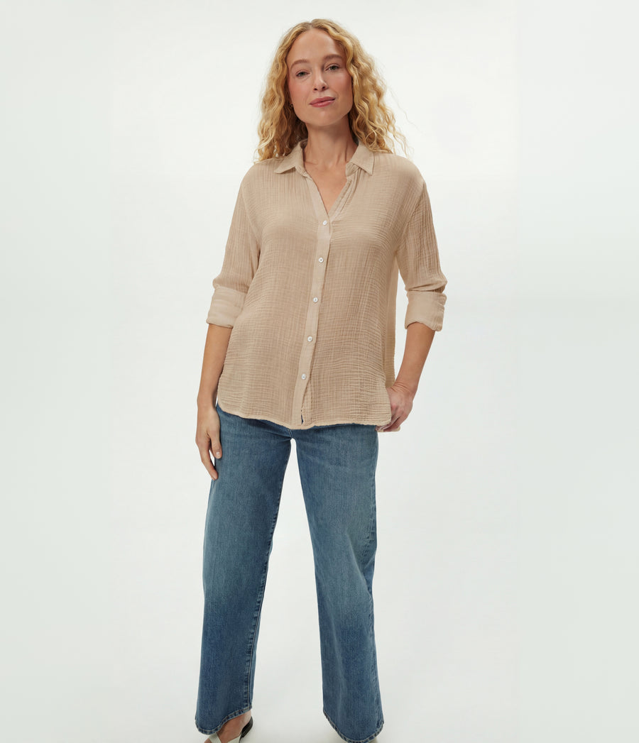 Leo Gauze Button Down Shirt in  MACADAMIA Beige Full Body View #MACADAMIA
