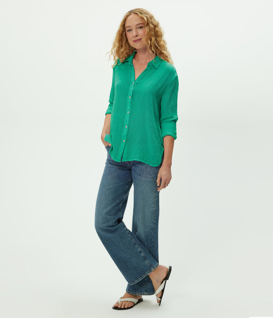 Leo Gauze Button Down Shirt in MALDIVES Green Side View #MALDIVES
