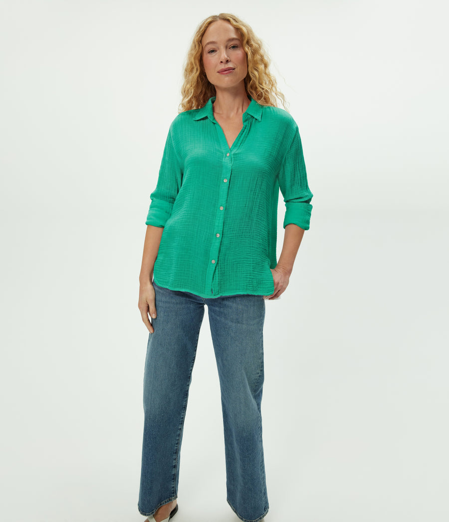 Leo Gauze Button Down Shirt in MALDIVES Green Full Body View #MALDIVES