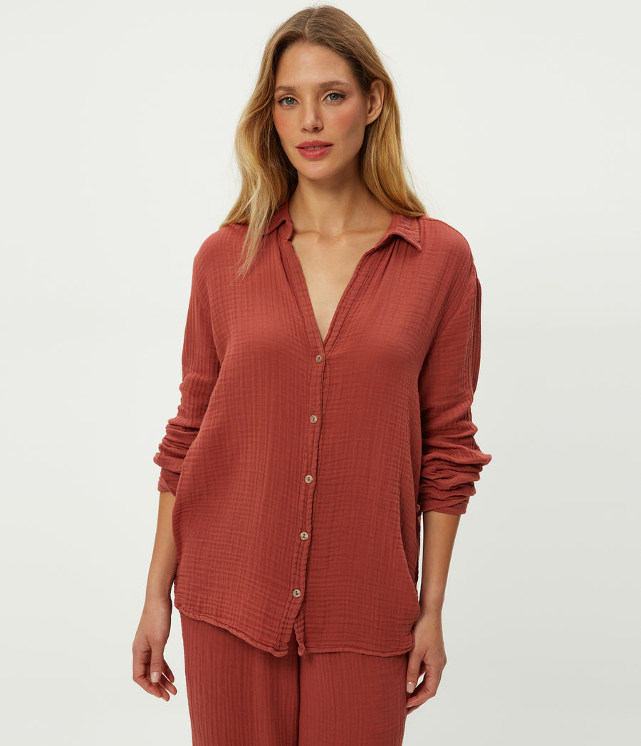 Leo Gauze Button Down Shirt in MUSE ORANGE Combo Close up View #MUSE