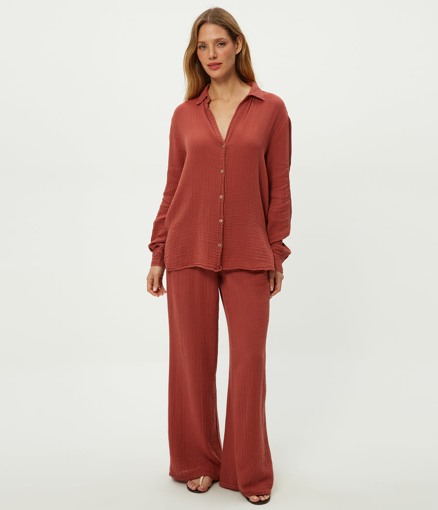 Leo Gauze Button Down Shirt in MUSE ORANGE Combo Full Body View #MUSE