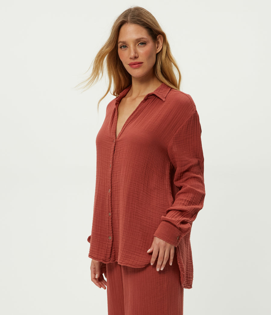 Leo Gauze Button Down Shirt in MUSE ORANGE Combo Side View #MUSE