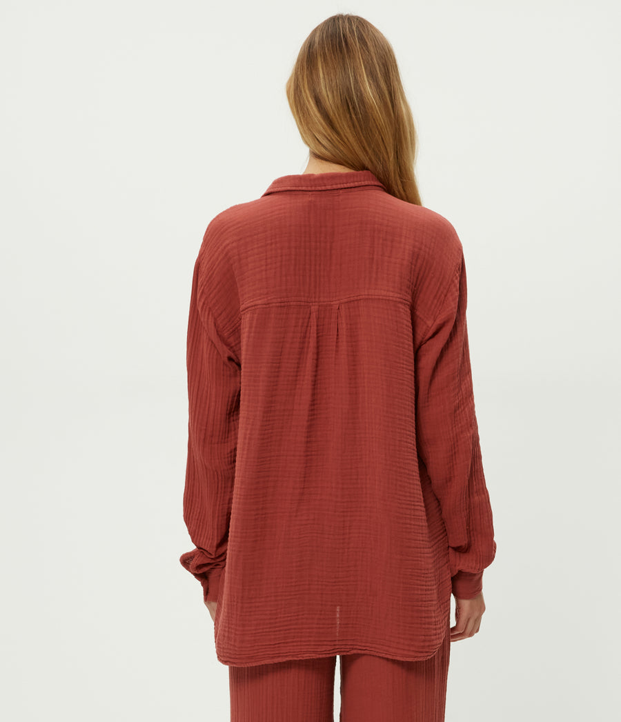 Leo Gauze Button Down Shirt in MUSE ORANGE Combo Back View #MUSE