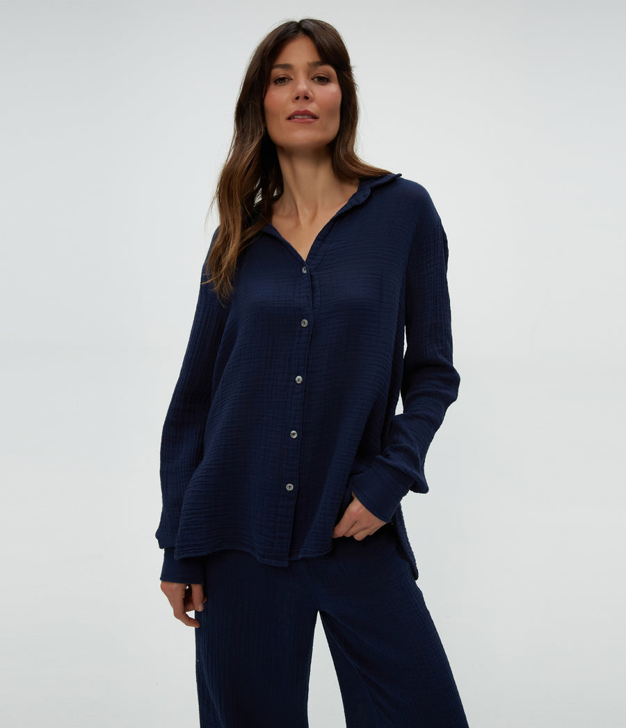 Leo Gauze Button Down Shirt in Nocturnal Blue Close Up View #NOCTURNAL