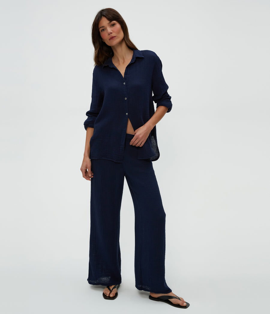 Leo Gauze Button Down Shirt in Nocturnal Blue Full Body View #NOCTURNAL