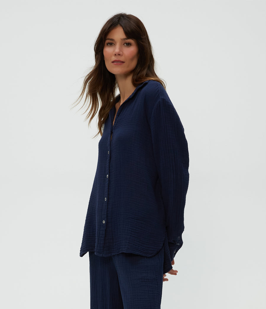 Leo Gauze Button Down Shirt in Nocturnal Blue Side View #NOCTURNAL