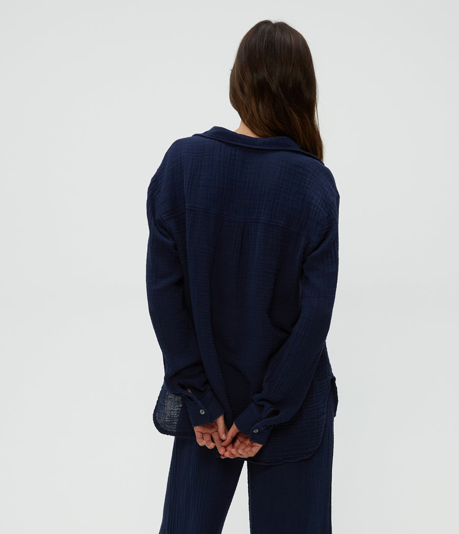 Leo Gauze Button Down Shirt in Nocturnal Blue Back View #NOCTURNAL