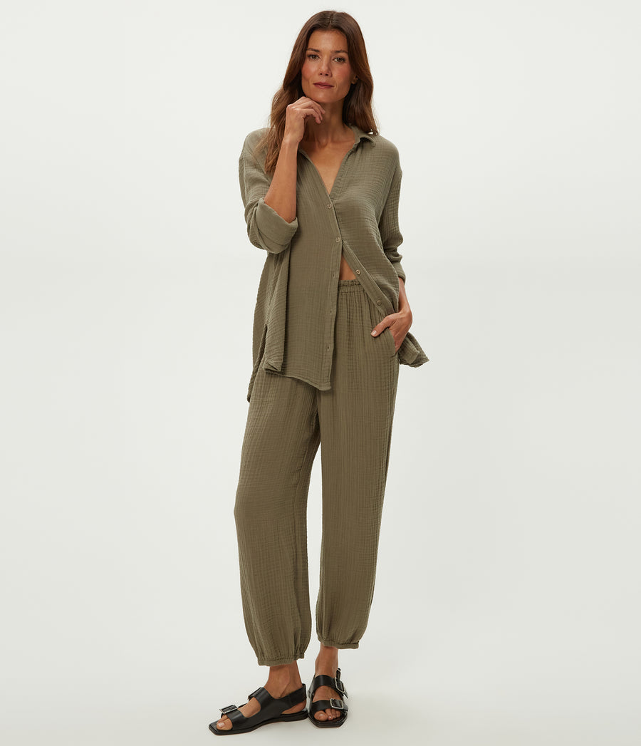 Leo Gauze Button Down Shirt in Olive Green Full Body View #OLIVE