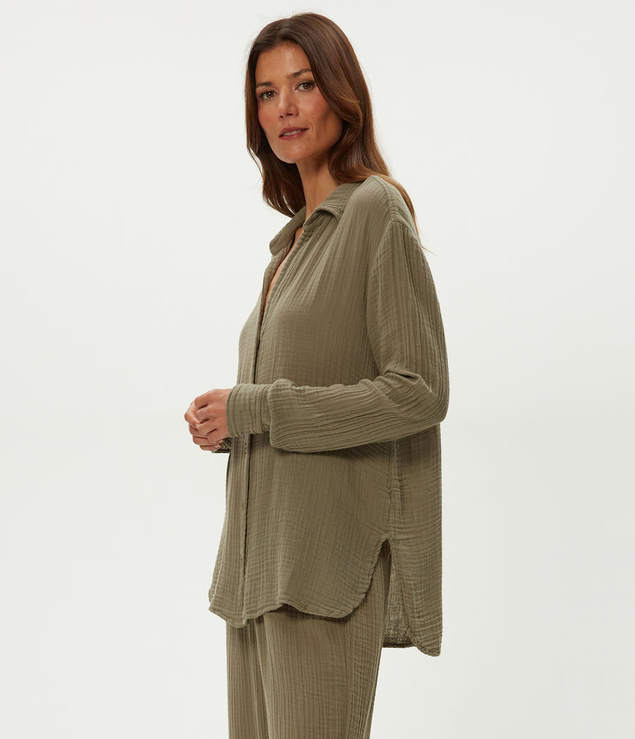 Leo Gauze Button Down Shirt in Olive Green Side View #OLIVE