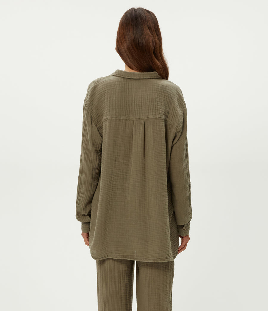 Leo Gauze Button Down Shirt in Olive Green Back View #OLIVE