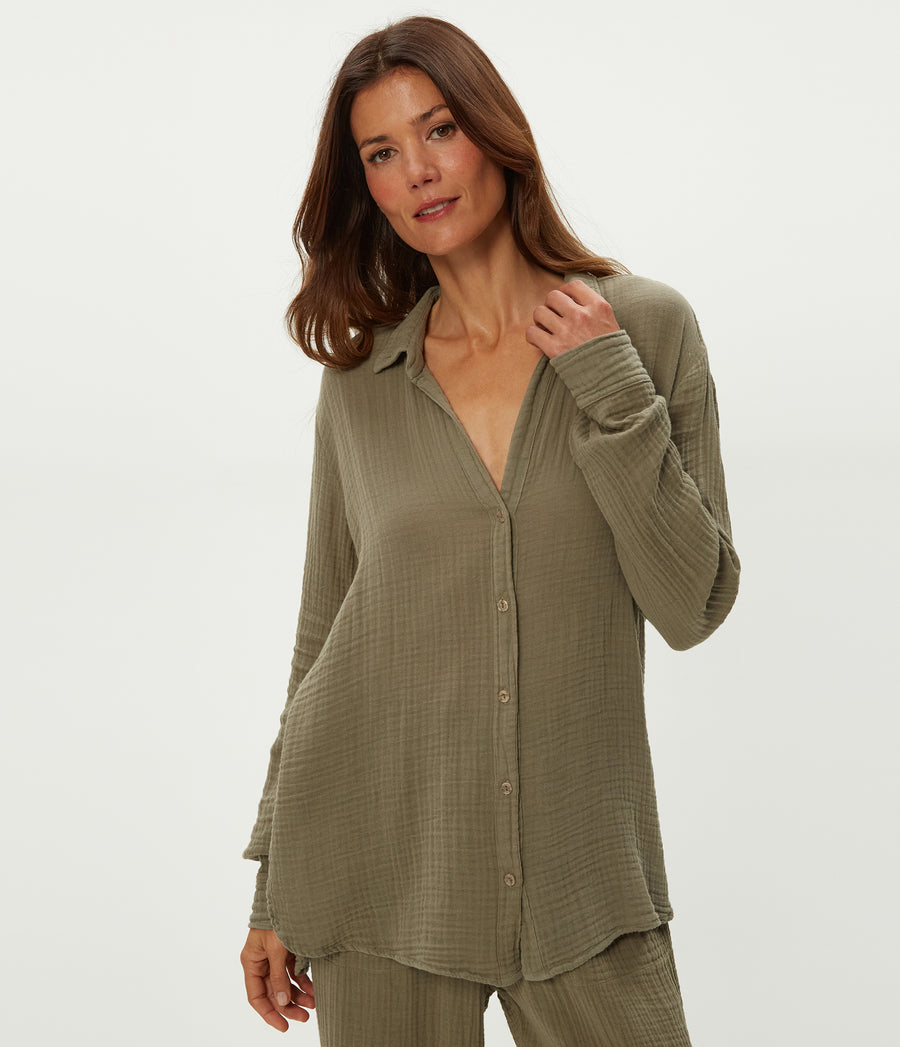 Leo Gauze Button Down Shirt in Olive Green Close up View #OLIVE