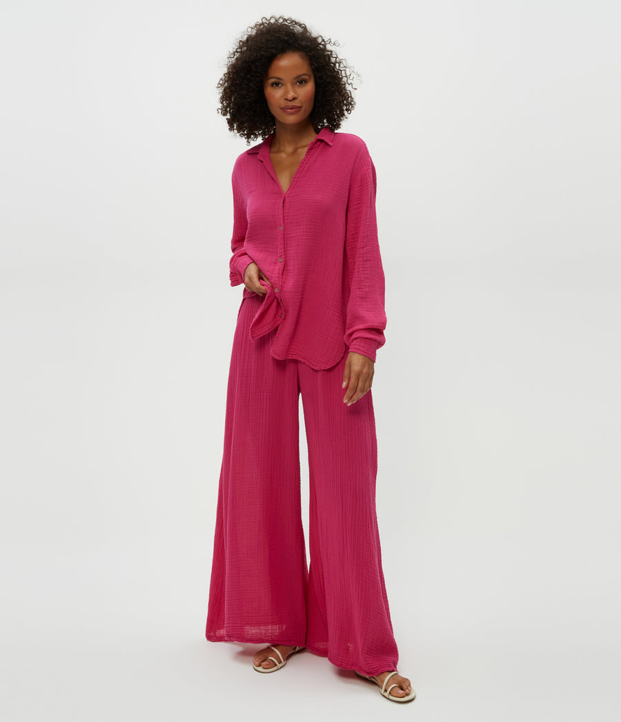 Leo Gauze Button Down Shirt in Pitaya Pink Full Body View #PITAYA