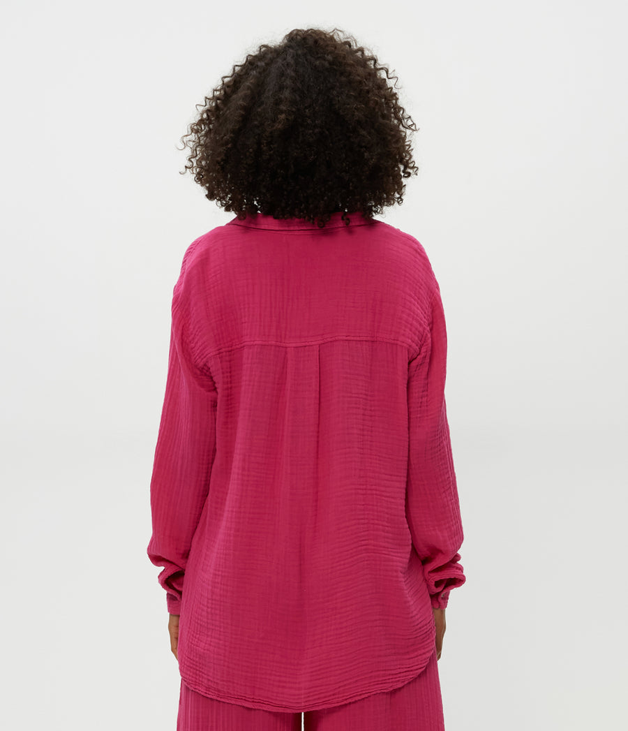Leo Gauze Button Down Shirt in Pitaya Pink Back View #PITAYA