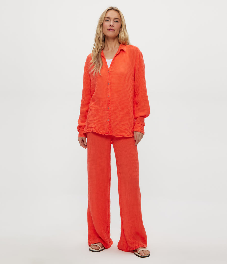 Leo Gauze Button Down Shirt in PERSIMMON ORANGE Full Body View #PERSIMMON