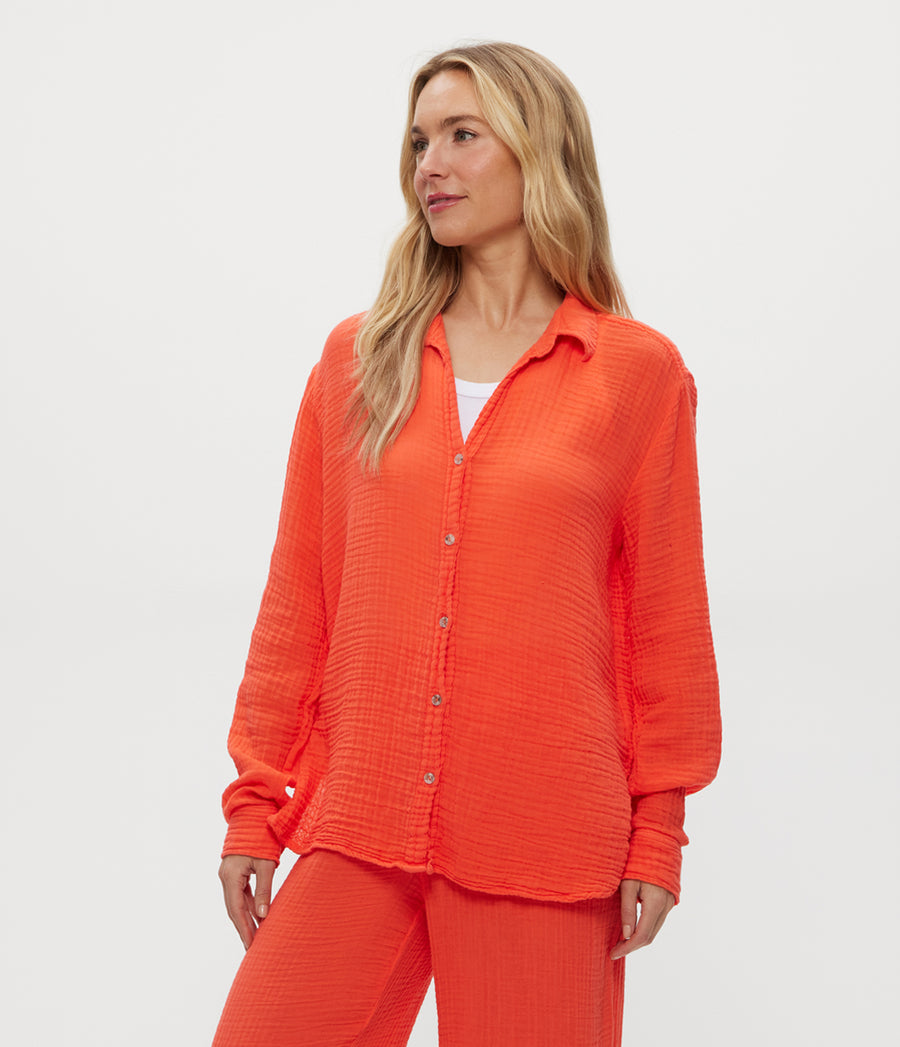 Leo Gauze Button Down Shirt in PERSIMMON ORANGE Side View #PERSIMMON