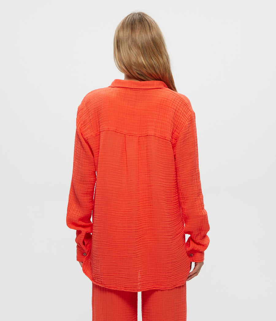 Leo Gauze Button Down Shirt in PERSIMMON ORANGE Back View #PERSIMMON