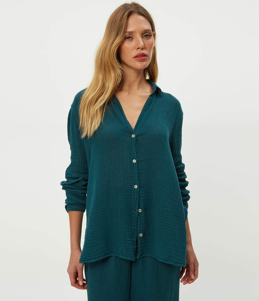 Leo Gauze Button Down Shirt in RAINFOREST BLUE Combo Close up View #RAINFOREST