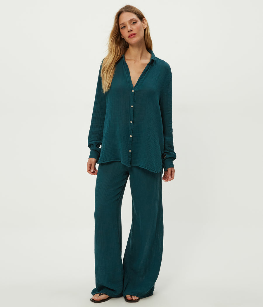 Leo Gauze Button Down Shirt in RAINFOREST BLUE Combo Full Body View #RAINFOREST