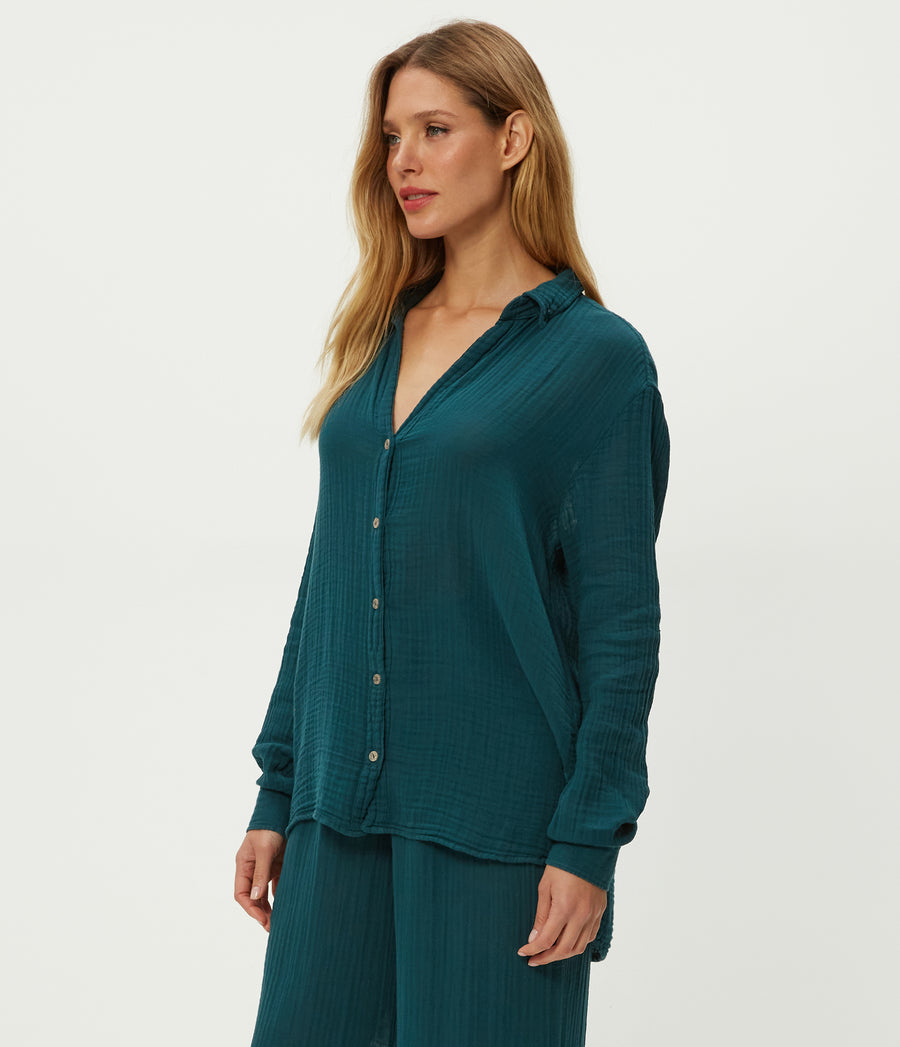 Leo Gauze Button Down Shirt in RAINFOREST BLUE Combo Side View #RAINFOREST