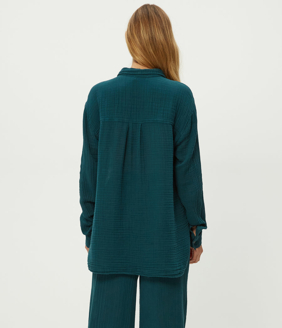Leo Gauze Button Down Shirt in RAINFOREST BLUE Combo Back View #RAINFOREST