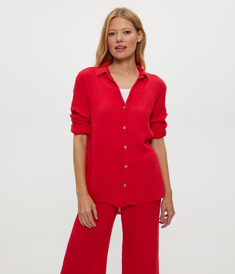 Leo Gauze Button Down Shirt in Rumba Red Close Up View #RUMBA