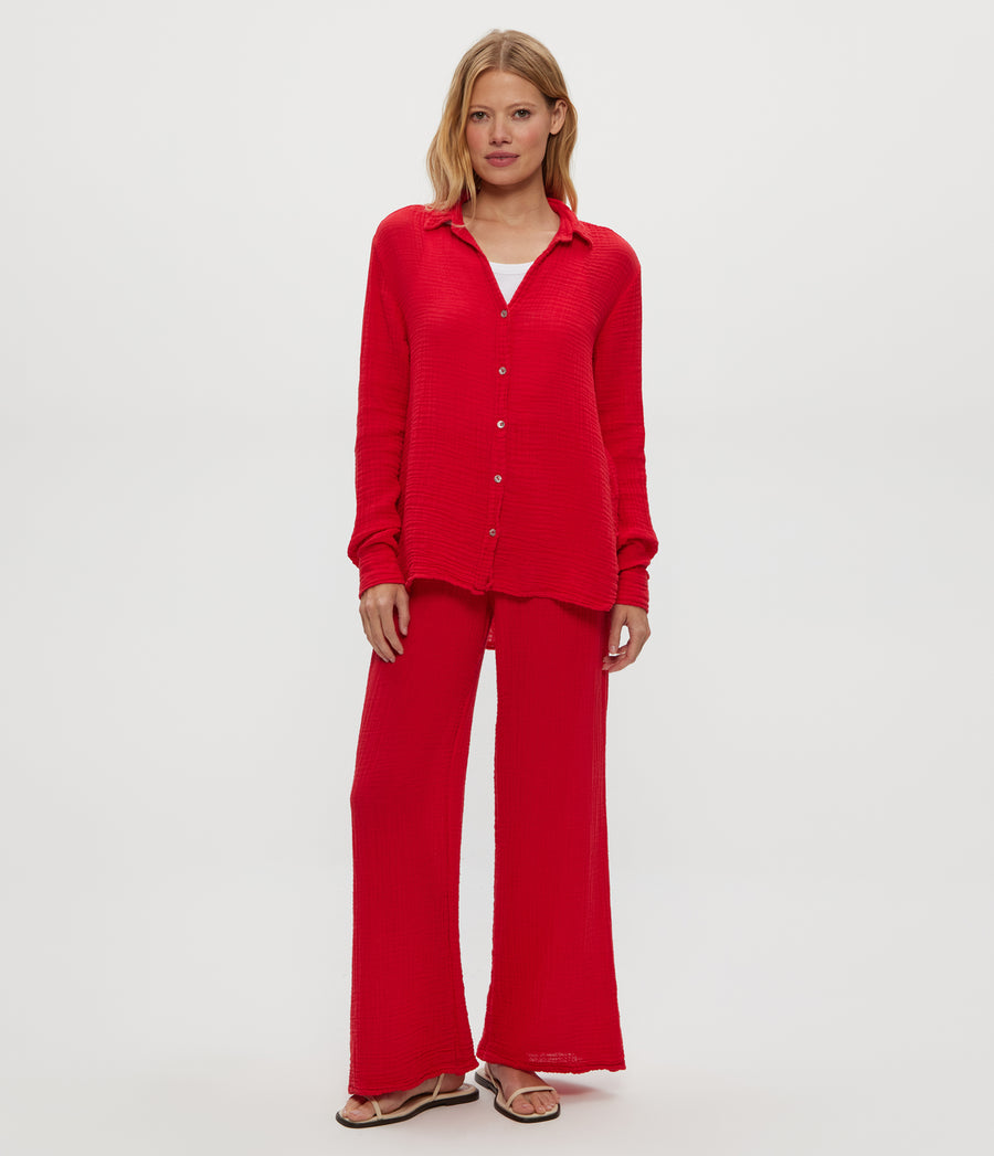 Leo Gauze Button Down Shirt in Rumba Red Full Body View #RUMBA
