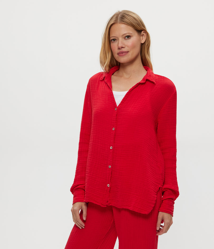 Leo Gauze Button Down Shirt in Rumba Red Side View #RUMBA