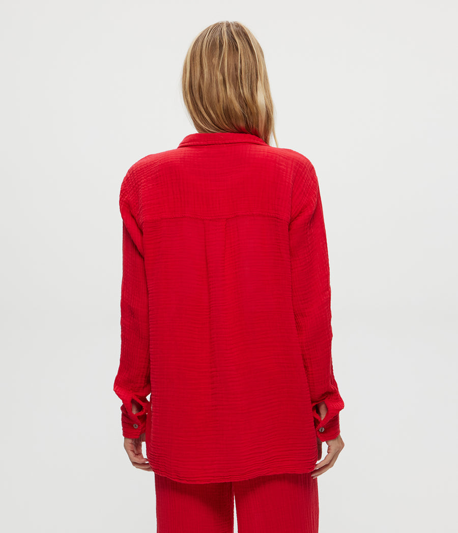 Leo Gauze Button Down Shirt in Rumba Red Back View #RUMBA